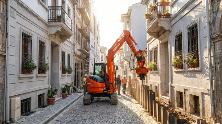 Antalya Palplanş: dar sokakta kontrollü kazı çalışması
